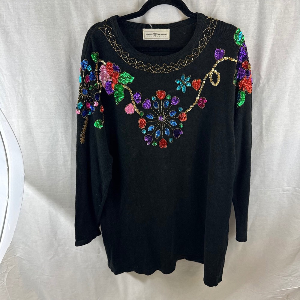 Vintage Maggie Lawrence‎ Black Sequin Beaded Embellished Long Sleeve Sweater Top